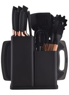 Buy 19 Pieces Silicone Kitchenware Utensil Set, Heat Resistant, Non-stick, Cooking Tool with Wooden Handles, Silicone Cookware Set, BPA Free, Black in Saudi Arabia