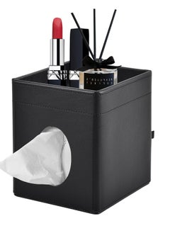 Buy Tissue Box Cover Square Stylish Black Tissue Box Cover Holder PU Leather Facial Tissue Organizer with Storage Tray for Bathroom Vanity Bedroom Office Car Napkin Caddy Decorative Organizer Black in UAE