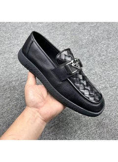 Buy European Station Leather Shoes Men's Autumn Genuine Leather Casual Slip-on Woven Square Peas Shoes Top Layer Cowhide British Men's Shoes in Saudi Arabia