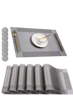 اشتري Table Mats Set, Placemats Set Washable Non-slip Heat Resistant PVC with Singel Border Decoration Rectangle 45x30cm and Sets of 8 Coasters for Dining Room Place في الامارات