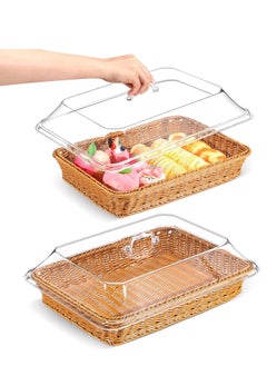 Buy Imitation Rattan Bread Basket Wicker for Serving with Acrylic Lid Woven Fruit Cover Food Vegetable Display Tabletop Restaurant Kitchen Rectangle, 1 Pack (13.78x9.84'') in UAE