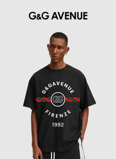 Buy Heavy cotton fabric Men's retro oversized T-shirt with letter pattern printed round neck short top, street clothing, cotton short sleeves, black in Saudi Arabia