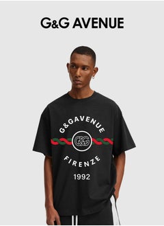 Buy Heavy cotton fabric Men's retro oversized T-shirt with letter pattern printed round neck short top, street clothing, cotton short sleeves, black in Saudi Arabia