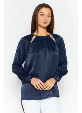 اشتري Women Round Neck Long Sleeves Plain Blouse, Navy في الامارات