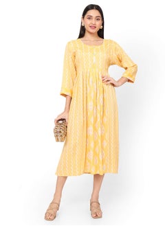 Buy FRONT STYLED BUTTONED SOFT VISCOSE PRINTED YELLOW COLOUR SHORT ARABIC KAFTAN JALABIYA DRESS in Saudi Arabia