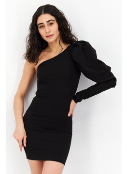 Buy Women Asymmetrical Neckline Long Sleeves Casual Mini Dress, Black in Saudi Arabia