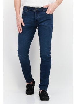 Buy Men Skinny Fit Washed Button Fly Stretchable Jeans, Med Dark Blue in UAE