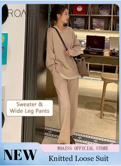 Buy Women's Oversized Loose Suit Knitted Sweater Outfits 2 Piece Casual Set Solid Color Long Sleeve Wide Leg Pants in UAE