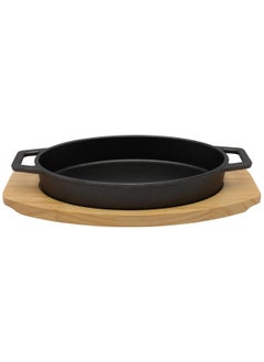 Buy Oval Cast Iron Skillet with Side Handles & Wooden Base | Oven Safe Cast Iron Roasting Cooking Grill Pan 24cm*15cm in Saudi Arabia