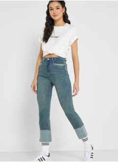 Buy Contrast Hem Detail Mom Fit Jeans in UAE