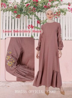 اشتري Ladies Long Dress Loose Casual Embroidered Long Sleeves Round Neck Dress Pleat Hem Abaya for Ladies Ramadan Eid al-Adha Gift في السعودية
