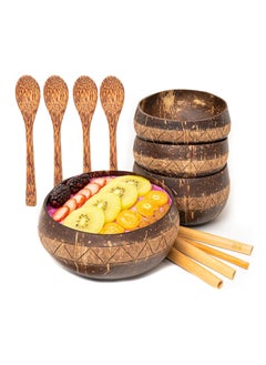 Buy 4Set Natural Coconut Bowls Wooden Spoons Straw Bowl Set Coconut Bowls Organic Reusable Eco-friendly Smoothie Bowls for Kitchen Decor Acai Bowls Smoothie Bowls in UAE