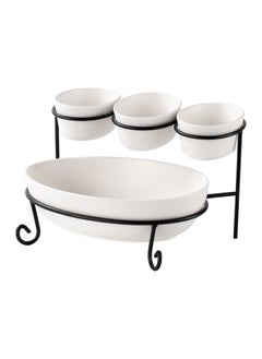 Buy Shallow Porcelain 2-Tier Oval Serving Set with Black Stand Rack - 3x 10cm and 1x 24cm in UAE