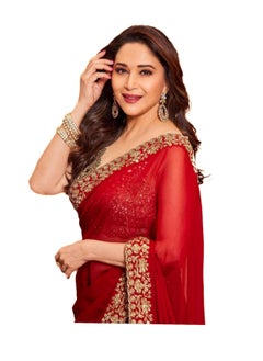 Buy Georgette Beautiful Red Saree With Golden Work On Border Plus Embroidered Unstitched Blouse in UAE