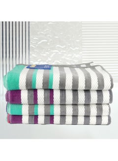 اشتري 4 Piece Bathroom Towel Set SHUFFLE 420 GSM 100% Cotton Velour 4 Bath Towel 70x140 cm Purple & Green Color Modern Stripe Design Luxury Touch Extra Absorbent في الامارات