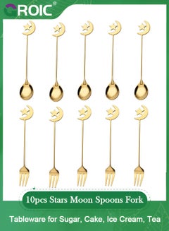 اشتري 10pcs Stars Moon Spoons Fork, Espresso Spoons Fruit Forks, Stainless Steel Mini Creative Tableware for Sugar, Cake, Ice Cream, Tea, Stirring Mixing Teaspoon Set في الامارات