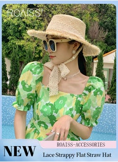 اشتري Lace Strappy Flat Straw Hat for Women Summer Beach Hat Vacation Sunshade Sunscreen Woven Hat with Chin Strap Fashion Accessories في السعودية