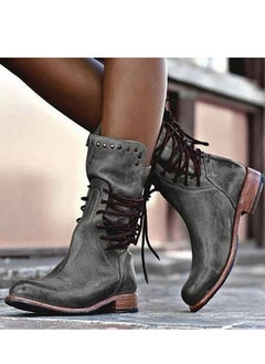 Buy Womens Rivet Lace Up Rear Zipper Boots Vintage Boots Grey in Saudi Arabia