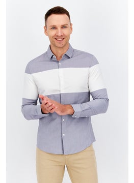 Buy Men Slim Fit Colorblock Long Sleeve Casual Shirt, Light Grey Melange/White in UAE