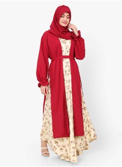 اشتري MODEST PRINTED DRESS WITH SOLID COLOUR LONG JACKET AND BELT STYLISH ARABIC KAFTAN JALABIYA في السعودية