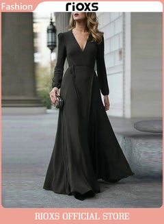Buy Women's Elegant V-neck Long Sleeve Dress Flowy Belted Maxi Dress for Special Occasions in Saudi Arabia
