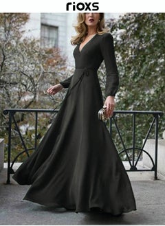 Buy Women's Elegant V-neck Long Sleeve Dress Flowy Belted Maxi Dress for Special Occasions in UAE