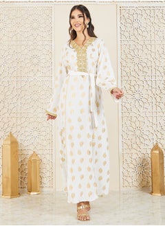 Buy Foil Print Embroidered Neck Jalabiya with Self Tie Up in Saudi Arabia