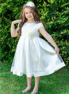 Buy Girl's Dress With Gold Metallic Dots, Pearl Beads With Gold Flower Center, Bow Style At The Back, Hairband, Tiulle Bottom, Pongee/cotton Lining, Ready For Gifting in UAE
