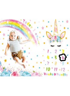 اشتري Baby Monthly Milestone Blanket, Cute Unicorn Design, 60” × 40” Soft Fleece Photography Background Blanket Weekly Monthly Girls Infant Quilt Newborn Birthday في الامارات