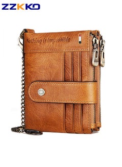 Buy Men's Genuine Leather Rfid Blocking Wallet With Chain Large-Capacity Anti-Theft Card Swipe Bag With Multiple Card Slots Traditional Bifold Zip Wallet Brown in Saudi Arabia