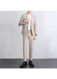 Buy High-end Suit for Boys Light Mature Korean Style Casual Slim-fit Coat Spring and Autumn Fashionable Single Top for Working Youth Apricot [Set]] in Saudi Arabia