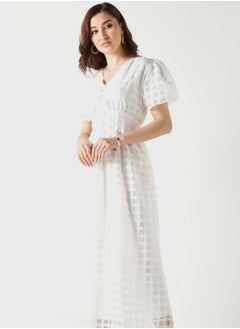 Buy Mesh Puff Sleeve Button Detail Dress in Saudi Arabia