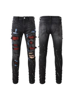 اشتري Jeans High Street Fashion Brand Black Hole Patch Red Diamond Elastic Vintage Pants for Men في الامارات