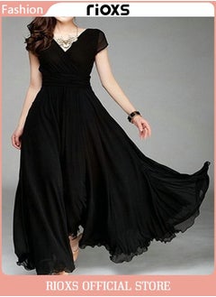 Buy Women's Elegant High Waist Maxi Long Dress Black in Saudi Arabia