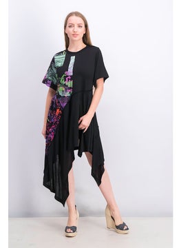 اشتري Women Printed Short Sleeve High And Low Hem Midi Dress, Black في السعودية