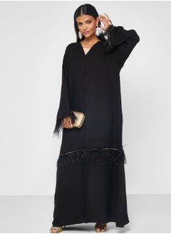 اشتري Lace Feather Detail Black Abaya With Sheila في الامارات