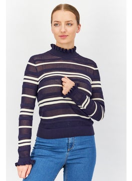 Buy Women RuffleNeck Long Sleeves Striped Knit, Navy in UAE