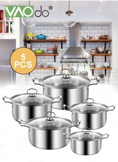 اشتري 5 PCS Stainless Steel Cooking Pot Set  with Tempered Glass Lid and Double Handles Compatible with Induction Electric Gas Cooktops Cookware Set في الامارات