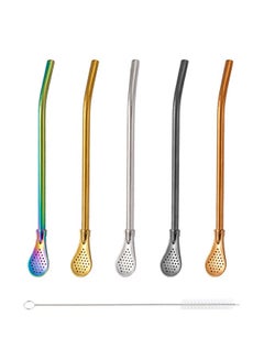 اشتري 5 Pcs Reusable Straw Set Filter Spoon, Detachable Mate Tea Stainless Steel Drinking Straws with Cleaning Brush, Stirring spoon for Coffee Juice (Colorful) في السعودية