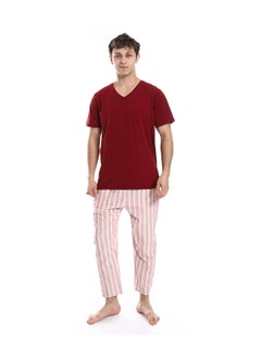 Buy Short Sleeve Striped Pattern Pants Pajama Set _ Dark Red & Beige in Egypt