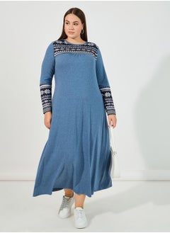 Buy Plus Size Panel Print Long Sleeves A-Line Maxi Dress in Saudi Arabia