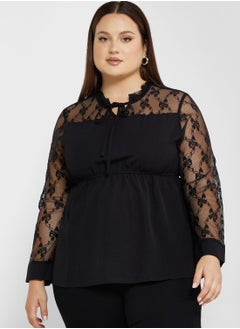 Buy Mesh Detail Tie Neck Peplum Top in UAE