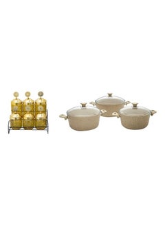 Buy 3-Piece Granite Cookware Set Cream/Clear Big 30, Medium 28 cm, Small 26 cm - Glass jar set Golden Color With Metal Stand 6 jars in UAE