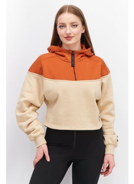 Buy Women Sports Fit Quarter Zip Two-Tone Hoodie, Brown/Beige in UAE