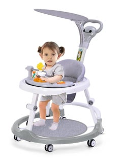 Buy MultiFunction Baby Walker with Awning, Round Kids Walker with Adjustable Height, Anti O-Leg, Can Sit and Push Baby Walker with Baby Toys & Music, for 6-18 Months Baby (Grey) in UAE