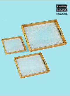 Buy Beige Rectangular Serving Tray Plate Set with Plastic Glass Bottom 3 Pieces in Saudi Arabia