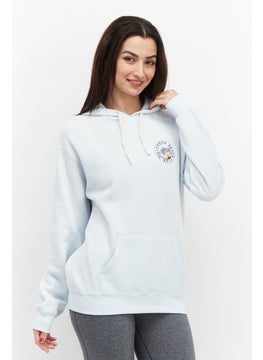 Buy Women Hooded Printed Front Pocket Long Sleeve Fleece Sweatshirts, Light Blue in UAE