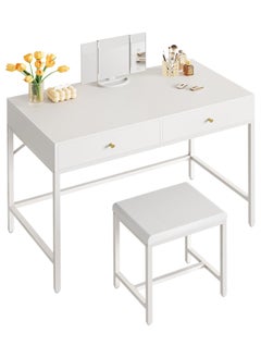 Buy 100cm White Desk with 2 Drawers and Padded Stool, Modern Makeup Vanity Desk, Computer Desk with Storage, Home Office Desk Study Desk for Writing, Bedroom, living room in Saudi Arabia