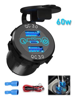 Buy Car Fast Charger Socket, 12V/24V USB C Car Charger ,Double 18W QC3.0 USB Outlet and USB C  PD 20W Aluminum Metal with Touch Power Switch Waterproof,  for Boat Marine RV Golf Cart Motorcycle in Saudi Arabia