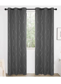 اشتري 2-Piece Wave Dot and Line Pattern Thermal Insulated Blackout Curtains Dark Grey 100x250cm في الامارات